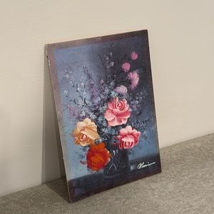 Vintage Hand Painted Rose Floral Bouquet Adhered to Wood Backing 7x5 Art Piece